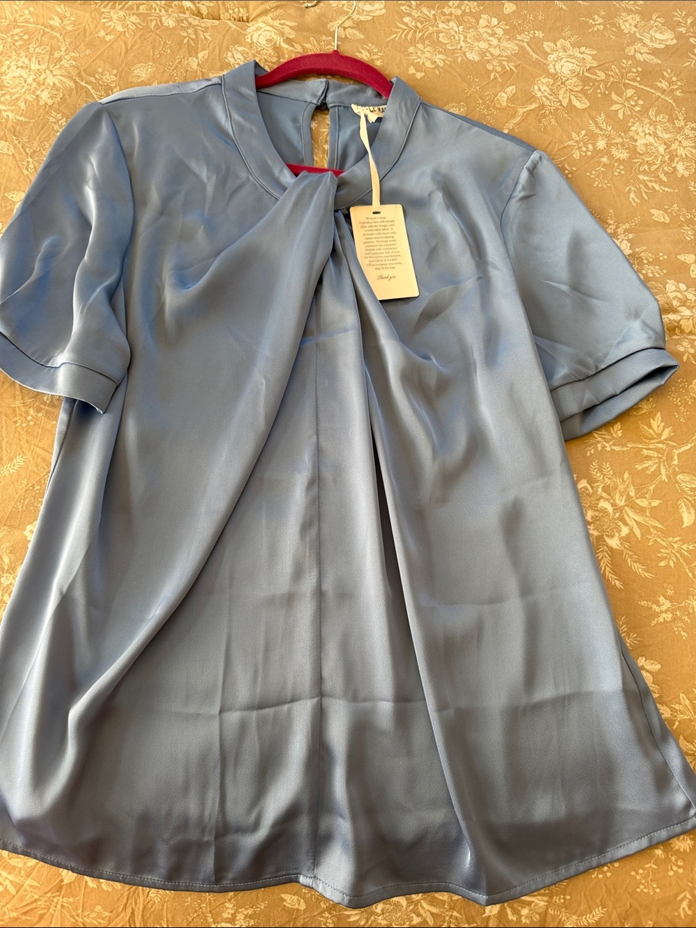 Grace Karin Sky Blue Satin Short Sleeve Tie-Neck Blouse